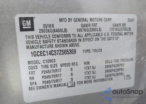 2007 Chevrolet Silverado 1500 Work Truck from USA, damaged, VIN 1GCEC14C37Z565369